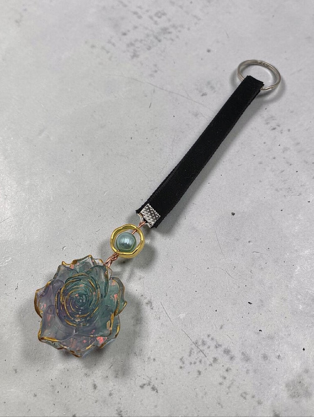 Black Strap Keychain with Iridescent Teal & Purple Rose Charm Handmade Accessory